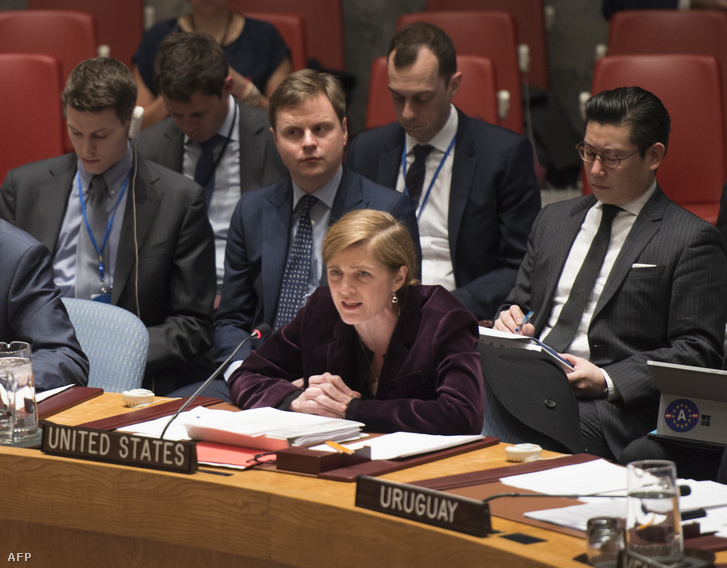 Samantha Power amerikai ENSZ-nagykövet az ENSZ Biztonsági Tanácsának ülésén