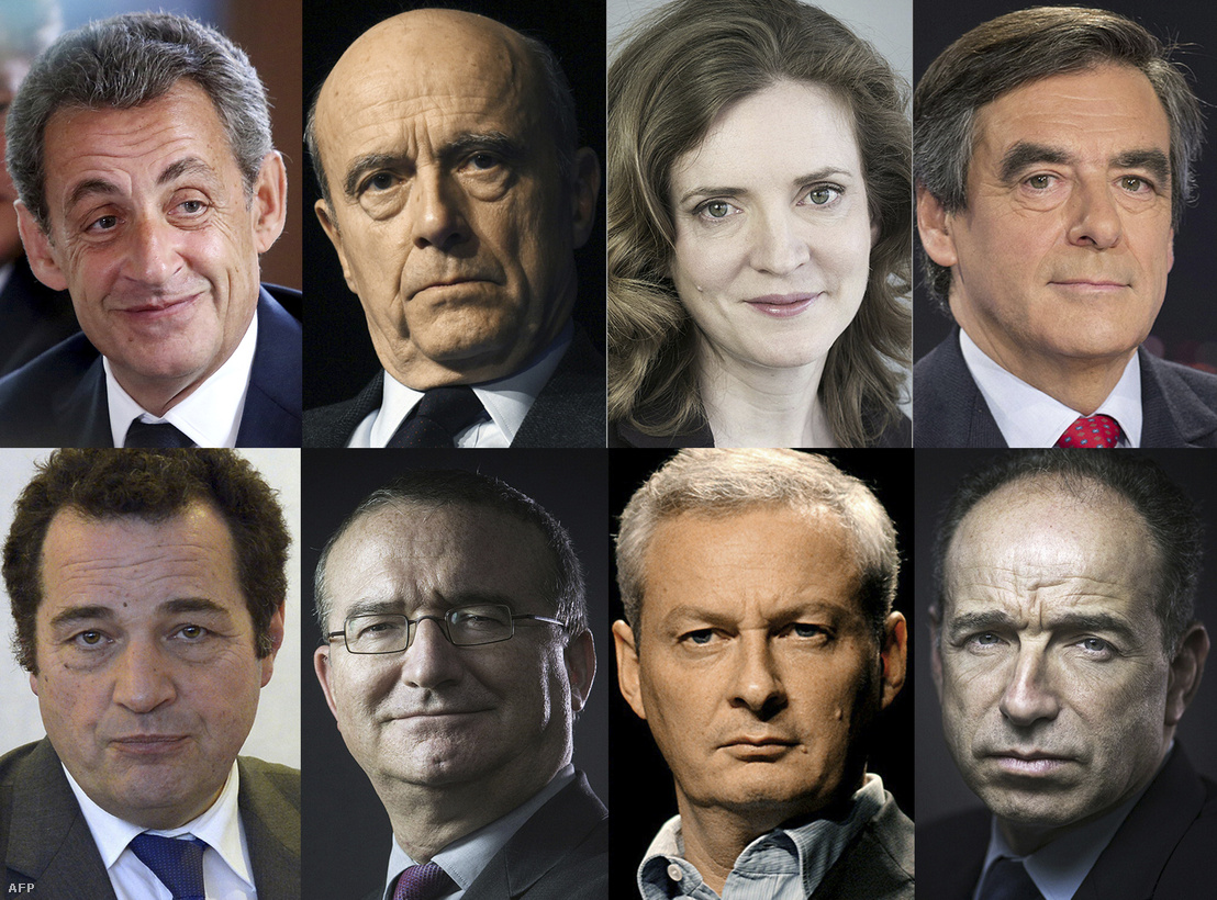 A Les Republicains lehetséges jelöltjei b-j: Nicolas Sarkozy Alain Juppe Nathalie Kosciusko-Morizet Francois Fillon; alsó sor: Jean-Frederic Poisson Herve Mariton Bruno Le Maire and Jean-Francois Cope