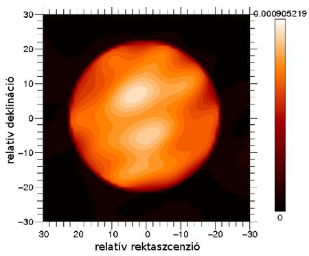 A Betelgeuse felszíne az 1,64 mikronos közeli infravörös hullámhosszon (H sáv). A kutatók a csillagfelszín képét két különböző algoritmus alapján is rekonstruálták az interferometriai mérésekből. A Betelgeuse átmérője 45 milliívmásodperc, a nagyobbik folté 11, míg a kisebbiké 9 milliívmásodpercnél kisebb.