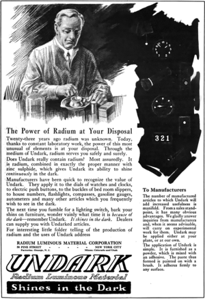 Undark (Radium Girls) advertisement, 1921, retouched.png