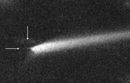 A 3,5 m-es WIYN-teleszkóp január 11-ei felvételein is alig látszik az ütközést túlélő 23 magnitúdós kisbolygó (David Jewitt)