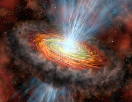 A W33A fantáziarajza. A születőben lévő nagytömegű protocsillagot egy akkréciós korong veszi körül (sárga/narancssárga), ami egy vastag porgyűrűbe ágyazódik. A csillag pólusaiból nagysebességű áramlások (kék) indulnak ki. Ez a kép egybecseng a kistömegű csillagok kialakulásáról alkotott elképzeléseinkkel.