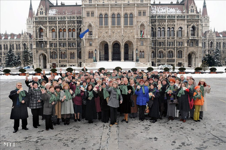 Seres Mária, a Civil Mozgalom képviselőjelölt társai között a mozgalom kampányindító demonstrációján