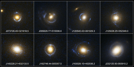 Látványos gravitációs lencsék: Einstein-gyűrűk a Hubble-űrtávcső ACS műszererének felvételein. Középen mindenütt fényesen ragyog a lencséző előtérgalaxis. (Kép: NASA, ESA, A. Bolton / Harvard-Smithsonian CfA, SLACS Team)