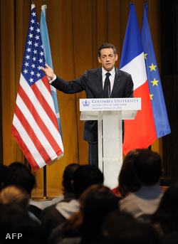 Sarkozy a Columbia egyetemen a saját pulpitusával (Fotó: Eric Feferberg)