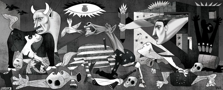 A portugál karikaturista újraértelmezése Vladimir Putin és Bashar el-Assad képével