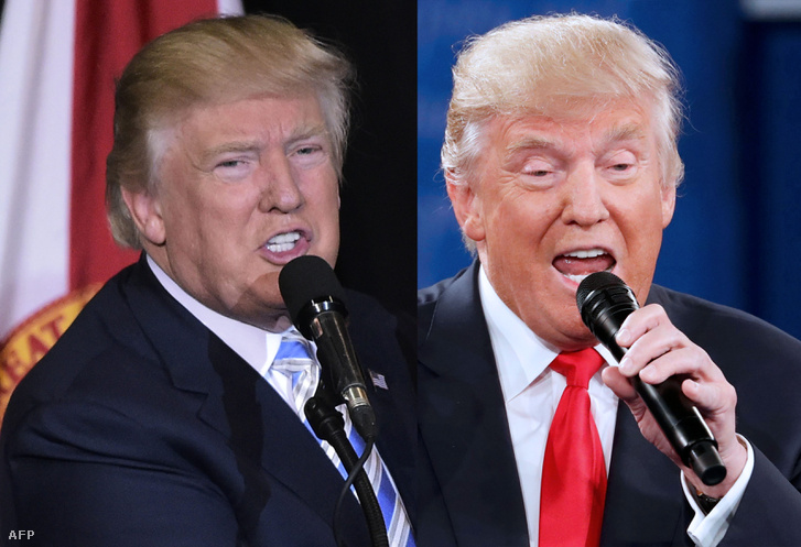 Donald Trump egy mai kampányfotón, és egy hónappal ezelőtt az elnökjelöltek televíziós vitáján.
