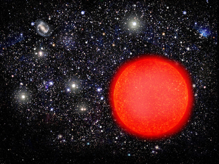 Művészi elképzelés az újonnan felfedezett S1020549 jelű vörös óriás csillagról. A primitív csillag 6000-szer kevesebb fémet tartalmaz, mint a Nap, amely arra utal, hogy az Univerzum korai időszakában keletkezett (David A. Aguilar / CfA)
