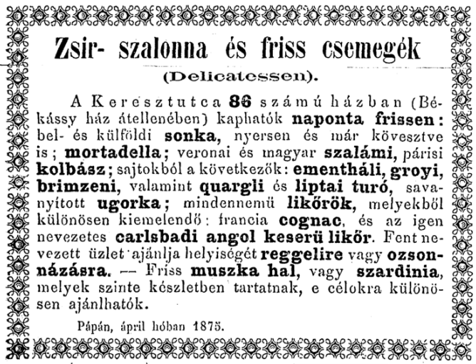 "Párisi kolbász" – hirdetés a Pápai Lapok egyik 1857-es számában