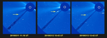 A fő üstökösmag előtti és utáni kisebb darabok egy-egy képe (középen pedig a fő üstökös Napba csapódása előtti egyik képkocka). Mindegyik közel ugyanazon a pályán hullott a Napba – ilyen sorozatot először tudott rögzíteni a SOHO