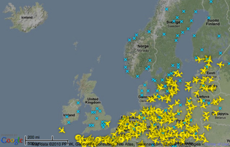 A flightradar24.com képe az Európa feletti légi forgalomról.