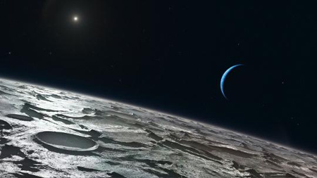 Fantáziarajz a Triton felszínéről a Neptunusszal, illetve a távoli Nappal. [ESO/L. Calçada]