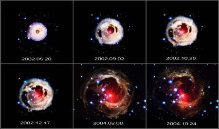 A Hubble-űrtávcső híres felvételsorozata a V838 Mon jelű csillag környezetéről. A folyamatosan tágulni látszó gyűrűről kiderült, hogy valójában a korábban már létező, a csillagtól egyre távolabb lévő gázfelhőkről visszaverődő sugárzás, vagyis ún. visszfény (HST ACS/WFC, Hubble Heritage).