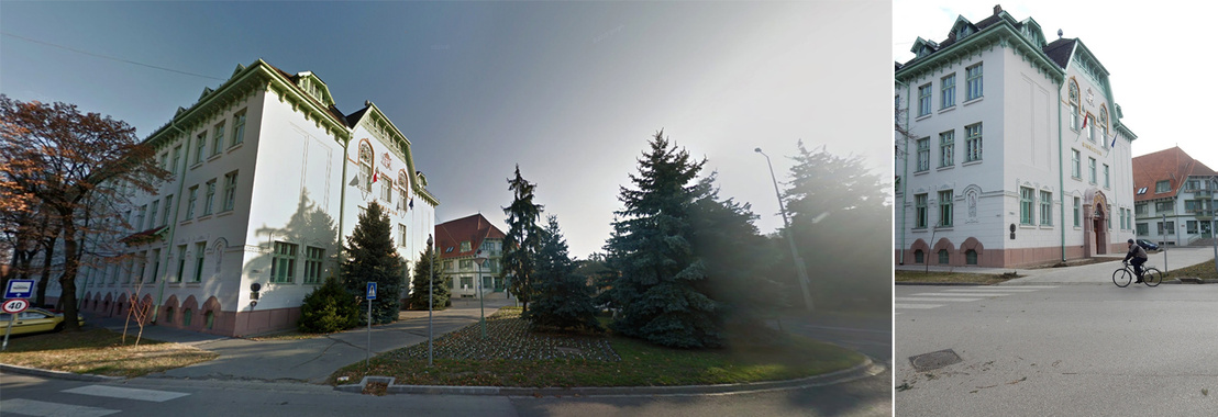 Google Street View felvétel a fenyőfákkal és a Délmagyar felvétele a fenyőfák hűlt helyével
