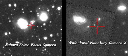 A Supernova Cosmology Project új, 557 szupernóvát tartalmazó mintájának egyik objektuma, az SN 2001cw a 8 méteres, japán Subaru-teleszkóp (balra) és a Hubble-űrtávcső WFPC2 kamerájának felvételén (jobbra) (DOE/Lawrence Berkeley National Laboratory).