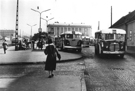 NIK TR5-ös és IKARUS 60-as autóbuszok az Óbuda, Miklós utca végállomáson az 50-es évek végén.
