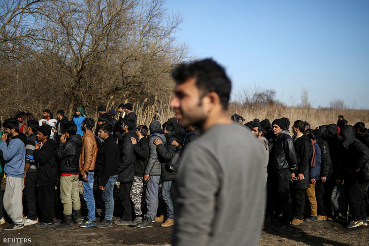 Ételosztásnál várakozó menekültek a szerb-magyar határ közelében