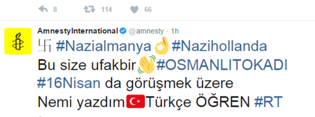 Az azóta eltávolított, török nyelvű üzenet az Amnesty International Twitter-oldalán.