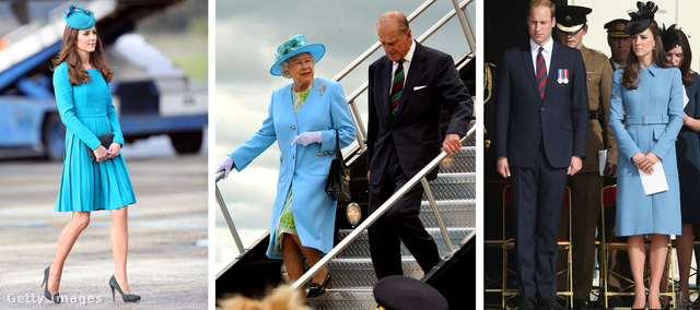 Katalin 2014. áprilisában Új-Zélandon, Erzsébet királyné 2010. júniusában a kanadai turnéján, majd ismét Katalin 2014. júniusából. Kéket viselnek, ez tény.