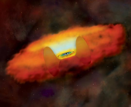 Fantáziarajz egy kvazár centrumában található szupernehéz fekete lyukról, a forró gázból álló akkréciós korongról (fehér, zöld és kék) és az egészet körülvevő vastag porgyűrűről (narancssárga-vörös). A tórusz külső mérete száz fényév körüli. Ha a képhez hasonlóan a tóruszt oldalról látjuk, akkor a porgyűrű blokkolja a forró akkréciós korong emisszióját, s ekkor 2-es típusú kvazárról beszélünk. [NASA/CXC/M. Weiss]