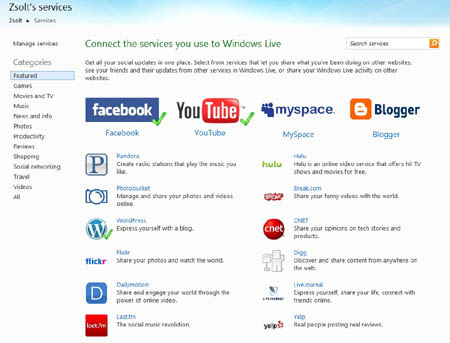 Több tucatnyi szolgáltatást csatornázhatunk be, igaz, egyelőre csak a Facebook és a Myspace működik két irányban