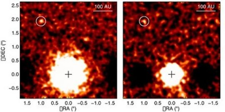 Az 1RXS J160929.1-210524 rendszeréről a Gemini teleszkóp Altair nevű adaptív optikai rendszerének és NIRI (Near Infrared Imager) műszerének segítségével készült új infravörös képek. A bal oldali felvétel 3,05 mikronos, míg a jobb oldali 3,5 mikronos hullámhosszon mutatja a csillagot és bolygókísérőjét. A csillag két oldalán látható sötét foltok az égi háttér levonása során keletkeztek, nem valódi képződmények. [Gemini Observatory]