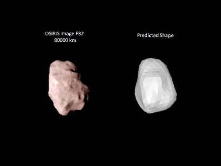 A Lutetia kisbolygó nyolcvanezer kilométerről készült felvétele a Rosetta OSIRIS nagyfelbontású kamerájával (balra), illetve a kisbolygó egy előzetes térbeli modellje (jobbra) (kép: ESA 2010 MPS for OSIRIS Team MPS/UPD/LAM/IAA/RSSD/INTA/UPM/DASP/IDA)
