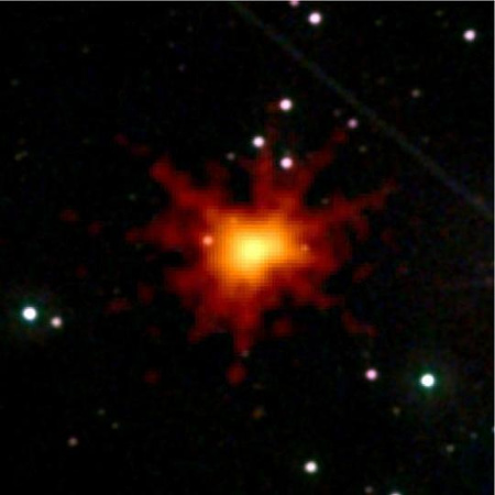 A valaha megfigyelt legnagyobb röntgenintenzitású gammakitörés a Swift műhold 2010. június 21-én rögzített adatai alapján. A sárga és vörös szín a röntgensugárzást kódolja. A képre rámontírozták a Swift ultraibolya/optikai teleszkópjával párhuzamosan készített felvételt is, de ezen semmi különös nem látszik.