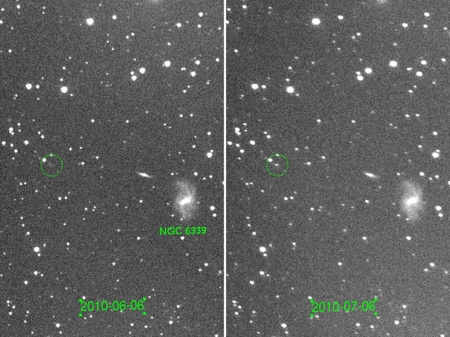 A felfedezést eredményező felvételpár. A bal oldali, június 6-ai képen még csak a halvány galaxis látszik, a jobb oldali, július 6/7-ei felvételen azonban már a szupernóva túlragyogja anyagalaxisát.