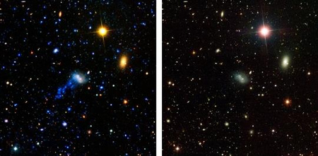 Az IC 3418 katalógusjelű galaxis a NASA GALEX mesterséges holdjának ultraibolya felvételén (bal oldal). A csóva csak az ultraibolya tartományban detektálható, a jobb oldali, látható tartományban készült felvételen nincs nyoma. [NASA/JPL-Caltech]