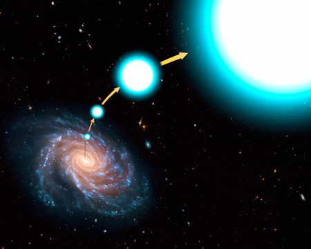 Fantáziarajz a Galaxis centrumából kidobódott HE 0437-5439 csillagról. A kutatócsoport a csillag pozícióját a Hubble ACS (Advanced Camera for Surveys) műszerével 2006-ban és 2009-ben rögzített képek alapján mérte. A két helyzet között mindössze 0,04 pixel eltérés volt, ezért a mérést a Földről valószínűleg el sem lehetett volna végezni. A pozíciókat 11 távoli galaxishoz képest határozták meg a Jay Anderson (STScI) által kifejlesztett eljárás segítségével. [NASA, ESA, O. Gnedin (University of Michigan), W. Brown (Harvard-Smithsonian Center for Astrophysics)]