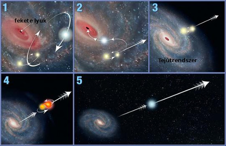 A HE 0437-5439 valószínű története: (1) A hármas rendszer megközelíti a Tejútrendszer centrumában található szupernehéz fekete lyukat. (2) A fekete lyuk kiszakítja a rendszerből a lazán kötött komponenst, közben a szoros pár kidobódik. (3) A kettős rendszer elhagyja a Galaxist. (4) A kettős komponensei összeolvadnak, létrejön a kék vándor. (5) A kék vándor távolodik a Tejútrendszertől. [NASA, ESA, O. Gnedin (University of Michigan), W. Brown (Harvard-Smithsonian Center for Astrophysics)]