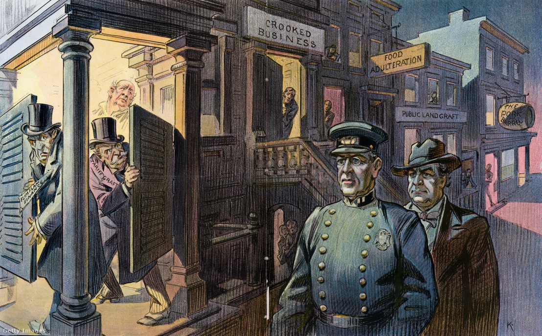 Egy korabeli karikatúra, amin Wilson elnök és William Jennings Bryan kétes üzletek között járőröznek.