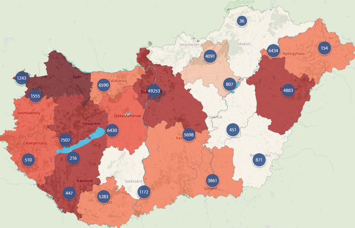 Forrás: Otthontérkép.hu. A térképen a vörös színű megyék drágábbak, a világos színűek olcsóbbak. A térkép a 2016-os árakat mutatja: Budapesten tavaly 28,62 millió, Vas megyében 11,88 millió, Bács-Kiskun megyében 10,92 millió, Jász-Nagykun-Szolnok megyében 7,86 millió, Szabolcs-Szatmár-Bereg megyében pedig 10,5 millió forint volt egy hatvan négyzetméteres lakás átlagos kínálati ára.