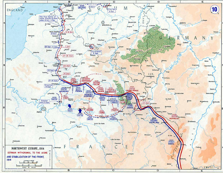 A nyugati fronton 1914 novemberére kialakult állóháború térképe: a lövészárkok rendszere északon a La Manche csatornától délen a svájci határig húzódot