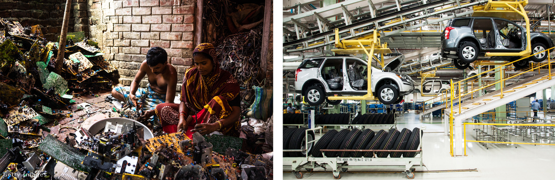 Balra: elektronikus szemetet válogató falusiak Sangrampurban. Jobbra: Automatizált gépsor az indiai Mahinda & Mahindra egyik autógyárában.