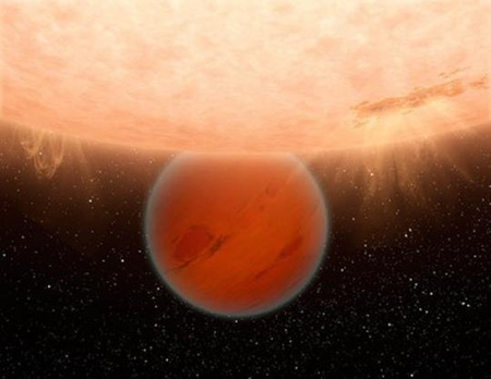 Fantáziarajz a központi csillaga mögött eltűnő Gliese 436b exobolygóról. (fotó: NASA/JPL/Caltech/R. Hurt)