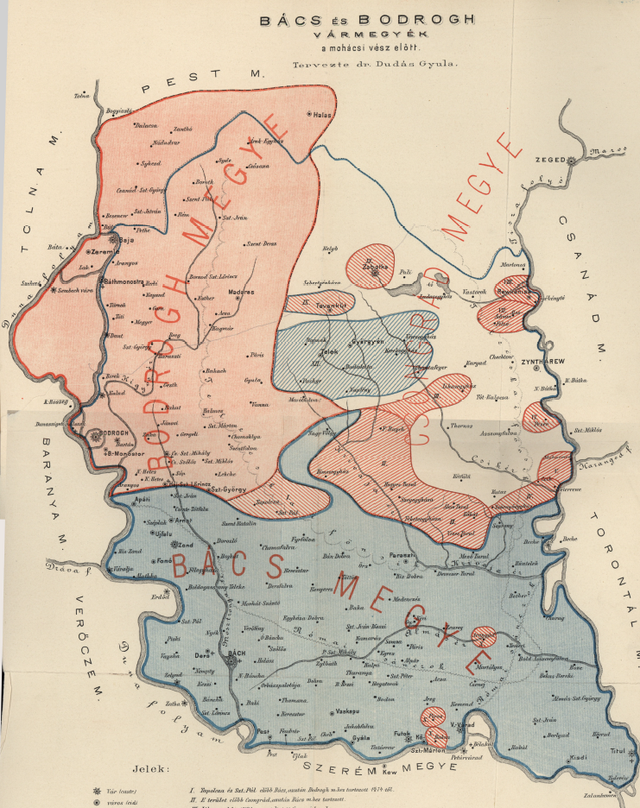 Bács és Bodrog a mohácsi vész előtt Dudás Gyula térképe szerint. Megjelent: Bács-Bodrogh megye egyetemes monográfiája, 1896. Forrás: Arcanum. https://adtplus.arcanum.hu/hu/view/CsaladHely_MonografiaMegye_Bacsbodrogvmmonografia_1/?query=B%C3%A1cs-Bodrog&pg=0&layout=s