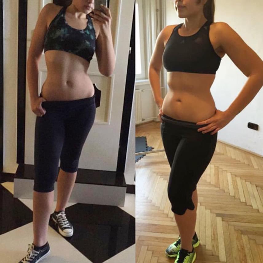 	"A jobb oldali képem tavaly decemberben készült, amikor személyi edzésre jártam és követtem az edző diétáját. A bal oldali képet ma csináltam" - írta a kép mellé Gáspár Evelin.