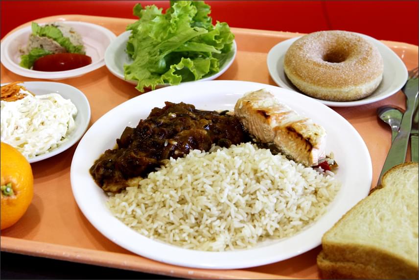 
                        	A palesztin gyerekekével szemben a francia diákok elé tett menü egy komplett lakoma. Rizs, hús, saláta, gyümölcs és még fánk is került a tálcájukra. A változatos, finomabbnál finomabb ízeket és falatokat felsorakoztató ebéd miatt igazán szerencsésnek mondhatják magukat.