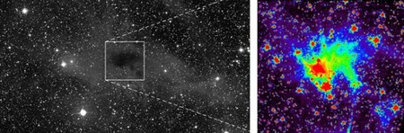 A Cepheus csillagkép irányába látszó, a Földtől kb. 650 fényévre lévő, CB 244 jelű molekulafelhő. A hasonló felhők külső régióiban lévő, apró porszemcséken a látható fény (bal oldal), míg a középső tartományokban található nagyobb szemcséken az infravörös fény szóródik (jobb oldal) (MPIA).