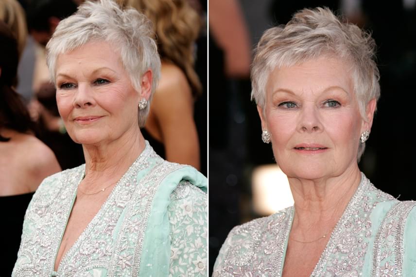 
                        	Judi Dench kitart természetes, ősz hajszíne mellett. Extrarövid, pixie fazonra vágott frizurájában többféle hajhossz gondoskodik a hajtömeg növeléséről. A pajesz és a hátul hosszabb tincsek pedig szép keretet adnak a színésznő arcának.