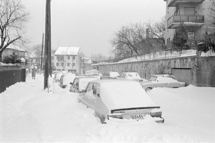 
                        	Személyautók a hó fogságában egy fővárosi utcán. Budapest útjait 30-50 centiméteres hó fedte 1987. január 12-én, többnyire csak a főbb útvonalak voltak járhatóak.