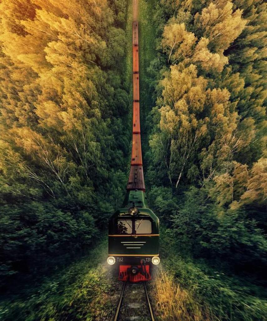 	Mantas Kristijonas Kuliešis litván fotóművész posztolta Instagramjára a lenyűgöző képet, amin a vonat épp egy hegy völgyébe érkezik a mesebeli erdők ölelésében.