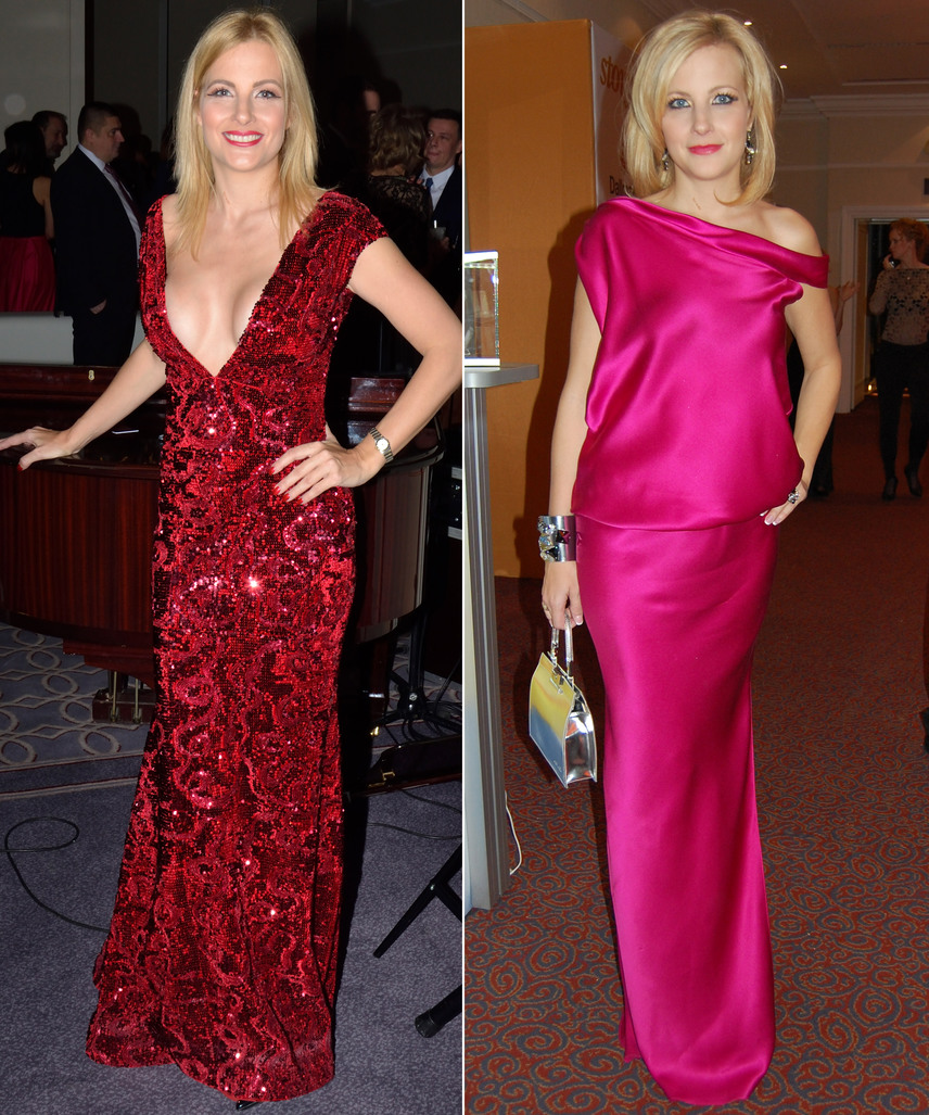 
                        	Várkonyi Andrea idén egy mélyen dekoltált Léber Barbara estélyit viselt a Story gálán, míg 2012-ben Benes Anitától, a Daalarna tervezőjétől választott egy visszafogott, pink színű ruhát.