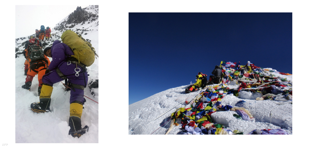 Balra: Tömegek állnak sorban a Mount Everesten, hogy hozzáférjenek a csúcshoz. A kilencvenes évektől eltűnt az alpinizmus pionírszelleme erről a hegyről.  Jobbra: A világ legmagasabb pontja. ( / AFP)