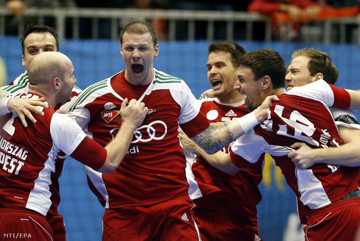 A magyar csapat ünnepli a győzelmét a Dánia elleni győztes világbajnoki meccs után.
