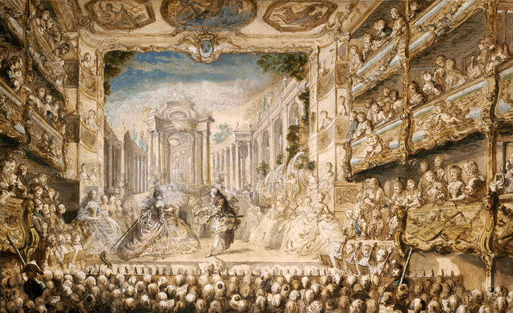 Lully Armide című operájának bemutatója a Palais-Royalban, 1761-ben. Gabriel de Saint-Aubin munkája. Bostoni Szépművészeti Múzeum.