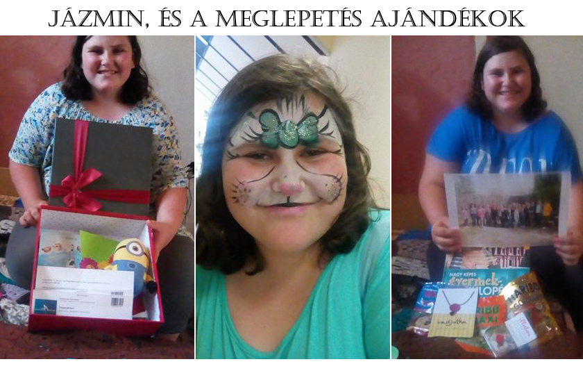 A jobb és bal oldali képen Jázmin az ajándékokkal, középen pedig arcfestés után, boldogan