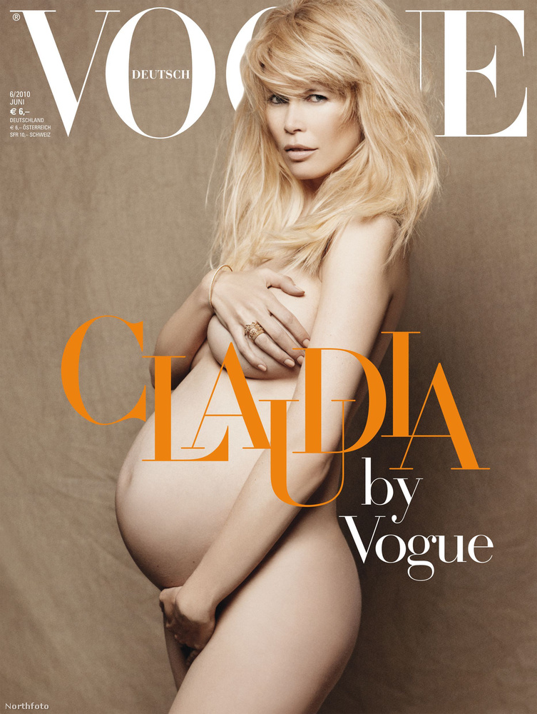 Claudia Schiffer, 2010Az egyetlen híresség, akit a neves Vogue magazin tett a címlapjára meztelenül, miközben terhes volt harmadik gyerekével.